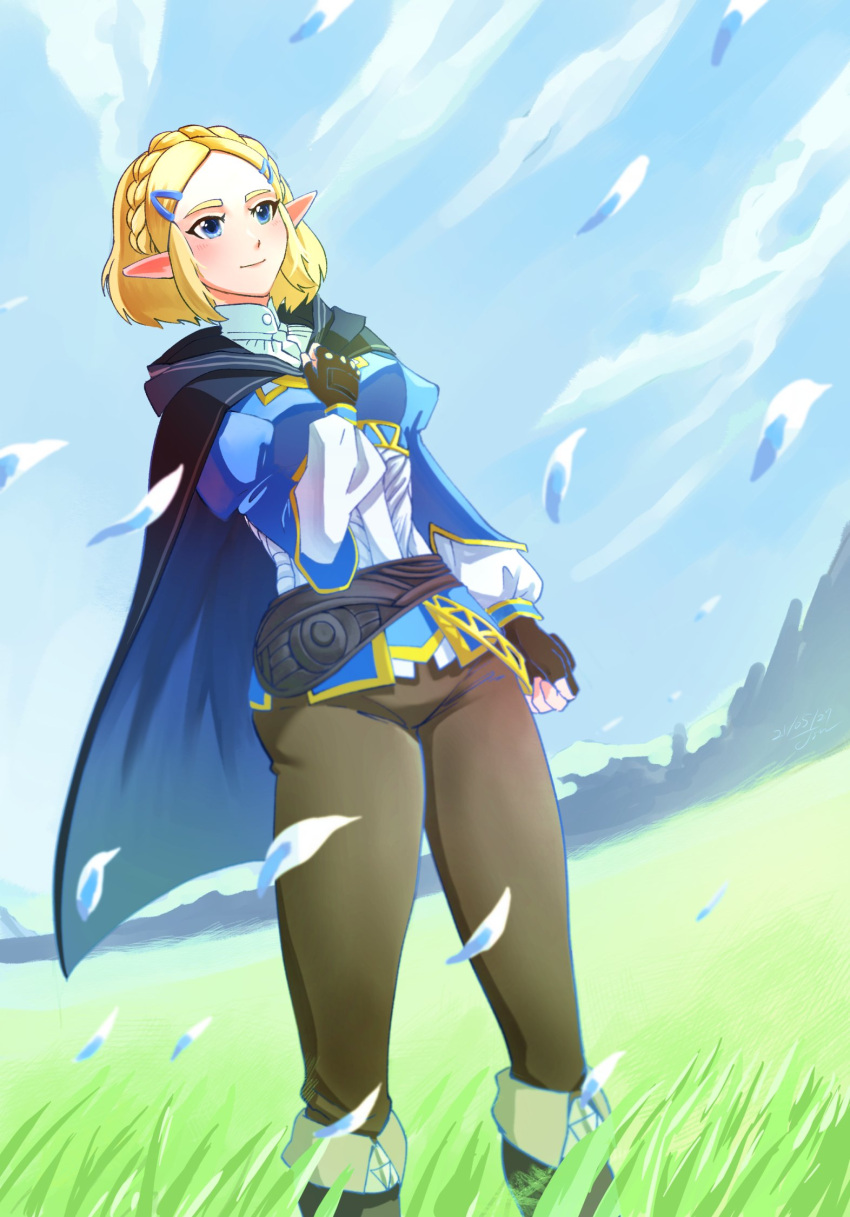 1girl, black_cape, blonde_hair, blue_eyes, boots, braid, breasts, brown_gloves
