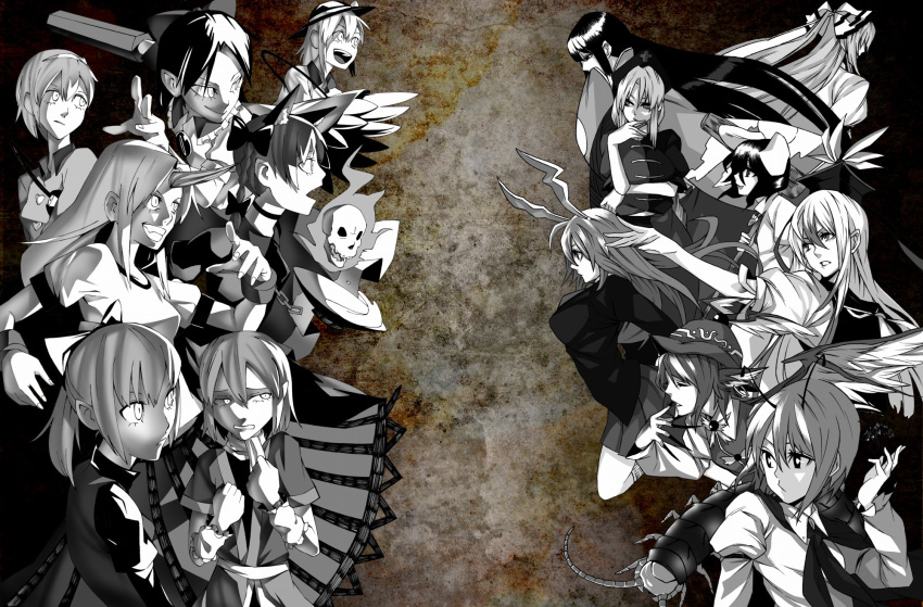 animal_ears, antennae, bunny_ears, everyone, fujiwara_no_mokou, hat, highres, horns, hoshiguma_yuugi, houraisan_kaguya, imperishable_night, inaba_tewi, insect, iro_marimo, kaenbyou_rin, kamishirasawa_keine, komeiji_koishi, komeiji_satori, kurodani_yamame, long_hair, mizuhashi_parsee, multiple_girls, murasaki_heizu, mystia_lorelei, nurse_cap, rabbit_ears, reisen_udongein_inaba, reiuji_utsuho, skull, subterranean_animism, third_eye, touhou, very_long_hair, wings, wriggle_nightbug, yagokoro_eirin