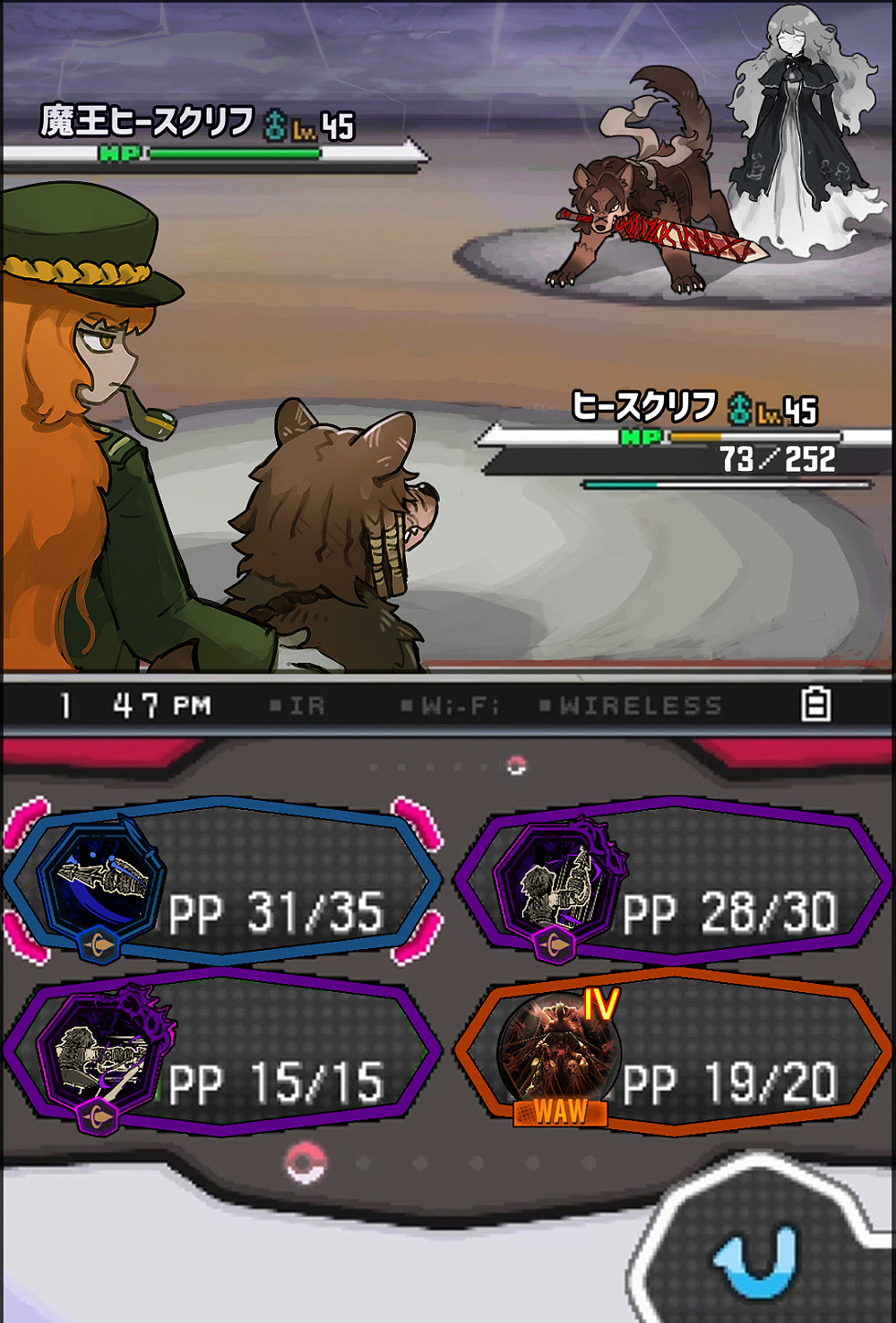 animalization, black_dress, bound_king, brown_hair, catherine_(project_moon), dreadlocks, dress, e.g.o_(project_moon), erlking_heathcliff_(project_moon), every_catherine_(project_moon), flaw_eight, gameplay_mechanics, gloves, green_hat, green_jacket, hat, heathcliff_(project_moon), highres, holding, holding_sword, holding_weapon, jacket, limbus_company, long_hair, military_hat, military_jacket, orange_hair, peaked_cap, pokemon, project_moon, scar, scar_on_face, smoking_pipe, sword, translation_request, wavy_hair, weapon, white_gloves, yellow_eyes