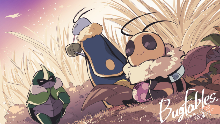 1girl, 2020, 2boys, antennae, armor, arthropod_girl, autumn, bee_girl