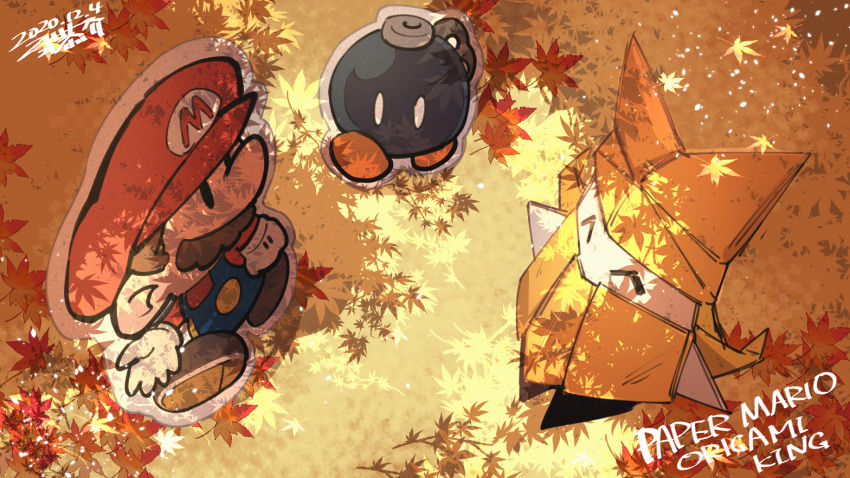 1boy, 1girl, 2020, autumn, blue_overalls, bob-omb, bobby_(paper_mario), brown_footwear