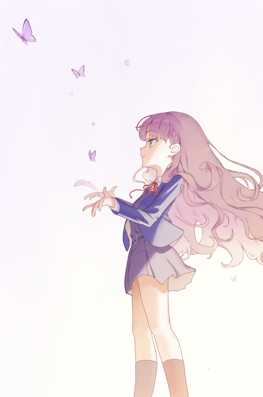 1girl, absurdres, black_socks, blazer, blue_jacket, blunt_bangs, braid, bug