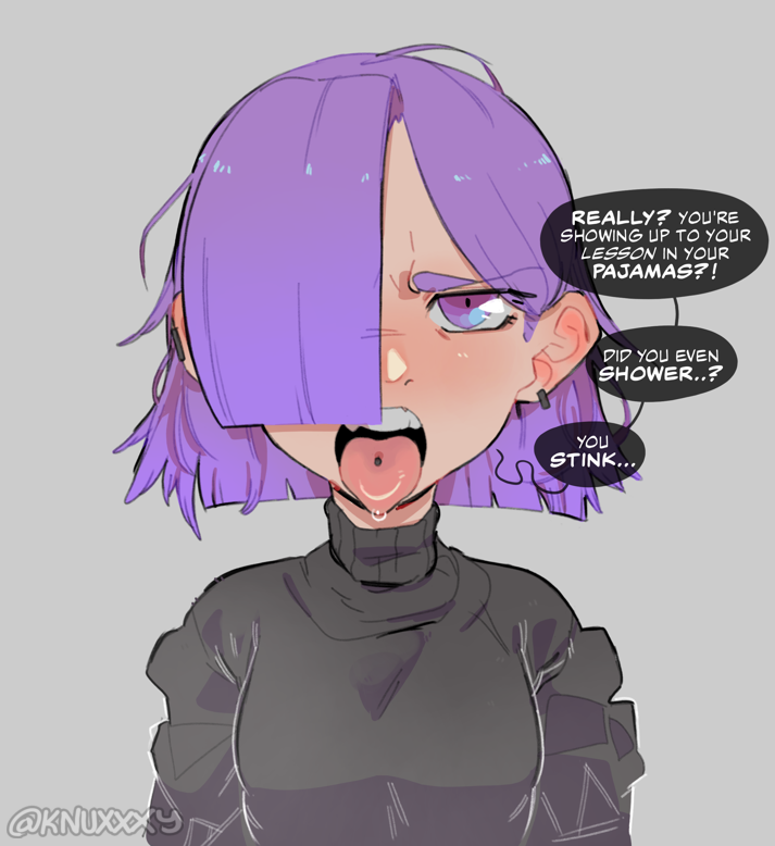 1girl, artist_name, black_shirt, blunt_ends, duolingo, earrings, english_text, grey_background