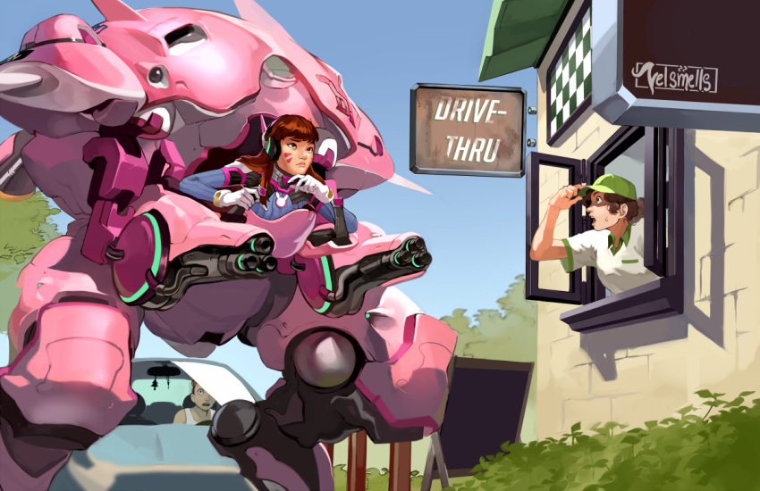 3girls, blue_car, blue_sky, blunt_bangs, brown_eyes, brown_hair, building, car