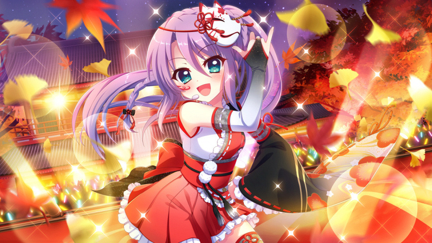 1girl, :d, \m/, aqua_eyes, audience, autumn, autumn_leaves, black_bow, bow, braid, breasts, concert, crowd, crown_braid, detached_sleeves, dot_nose, dutch_angle, elbow_gloves, falling_leaves, film_grain, floral_print, floral_print_kimono, fox_mask, game_cg, gloves, glowstick, hand_up, headset, high_side_ponytail, izumi_tsubasu, japanese_clothes, kimono, leaf, lens_flare, long_braid, long_hsir, looking_at_viewer, mask, mask_on_head, night, night_sky, non-web_source, official_art, open_mouth, outdoors, print_kimono, purple_hair, re:stage!, red_kimono, single_detached_sleeve, single_elbow_glove, sky, sleeveless, sleeveless_kimono, small_breasts, smile, solo, sparkle, stage, stage_lights, star_(sky), starry_sky, thigh-highs, tree, two-tone_kimono, white_kimono, yellow_thighhighs, zettai_ryouiki