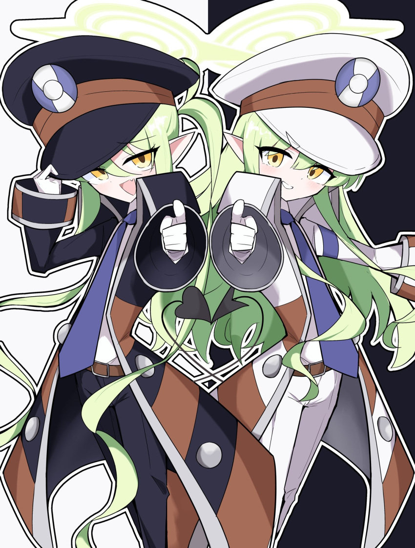 2girls, black_coat, black_hat, black_pants, blue_archive, blue_necktie, coat, cosplay, emmet_(pokemon), emmet_(pokemon)_(cosplay), fang, gabriel_automatic_subtitle_manual_bot, gloves, green_hair, hair_between_eyes, hand_on_headwear, hat, highres, hikari_(blue_archive), ingo_(pokemon), ingo_(pokemon)_(cosplay), long_hair, long_sleeves, looking_at_viewer, multiple_girls, necktie, nozomi_(blue_archive), open_clothes, open_coat, open_mouth, orange_eyes, pants, pointing, pointing_at_viewer, pokemon, pokemon_bw, shirt, simple_background, striped_coat, tail, two-tone_background, very_long_hair, white_coat, white_gloves, white_hat, white_pants, white_shirt