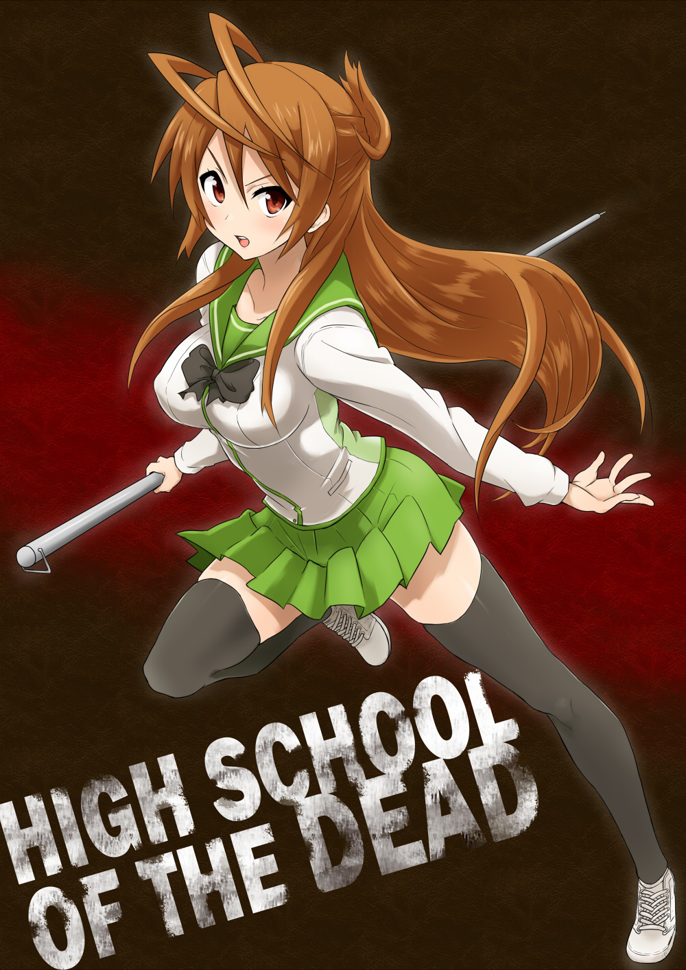 black_legwear, black_thighhighs, breasts, brown_eyes, brown_hair, highres, highschool_of_the_dead, large_breasts