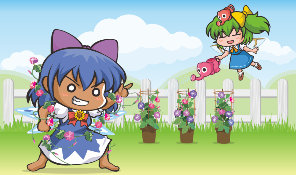 2girls, ascot, barefoot, blue_hair, blue_skirt, blue_sky, blue_vest, bow