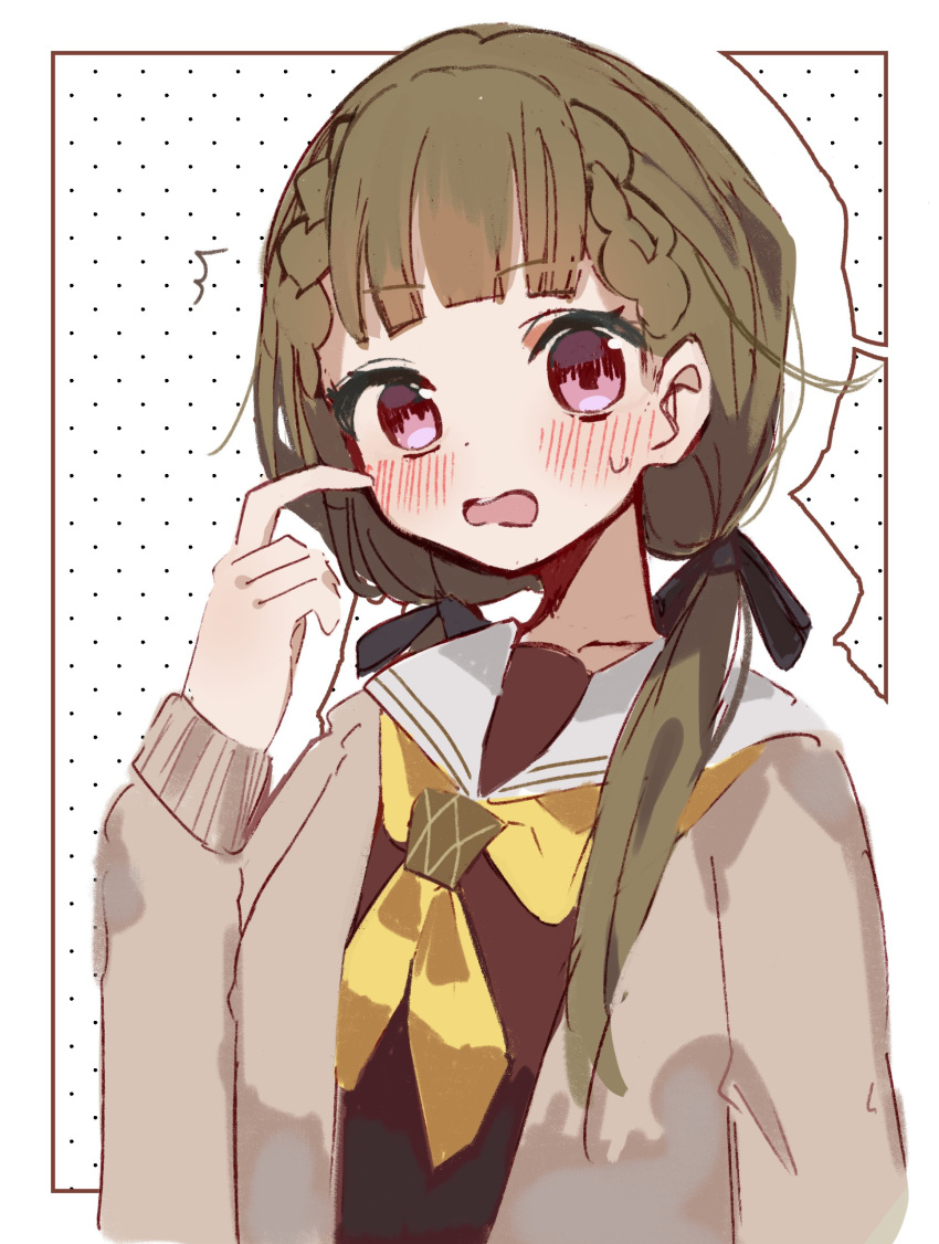 1girl, ^^^, absurdres, black_ribbon, blush, border, braid, brown_cardigan, brown_dress, brown_hair, cardigan, center-flap_bangs, commentary_request, cosplay, dress, drop_shadow, finger_to_cheek, hair_ribbon, hasu_no_sora_school_uniform, highres, inset_border, kachimachi_kosuzu, link!_like!_love_live!, long_hair, long_sleeves, looking_at_viewer, love_live!, low_twintails, murano_sayaka, murano_sayaka_(cosplay), nagisa_iori, neckerchief, open_cardigan, open_clothes, open_mouth, outside_border, pink_eyes, polka_dot, polka_dot_background, ribbon, sailor_collar, sailor_dress, school_uniform, side_braids, solo, surprised, sweatdrop, twintails, upper_body, virtual_youtuber, white_background, white_border, white_sailor_collar, winter_uniform, yellow_neckerchief
