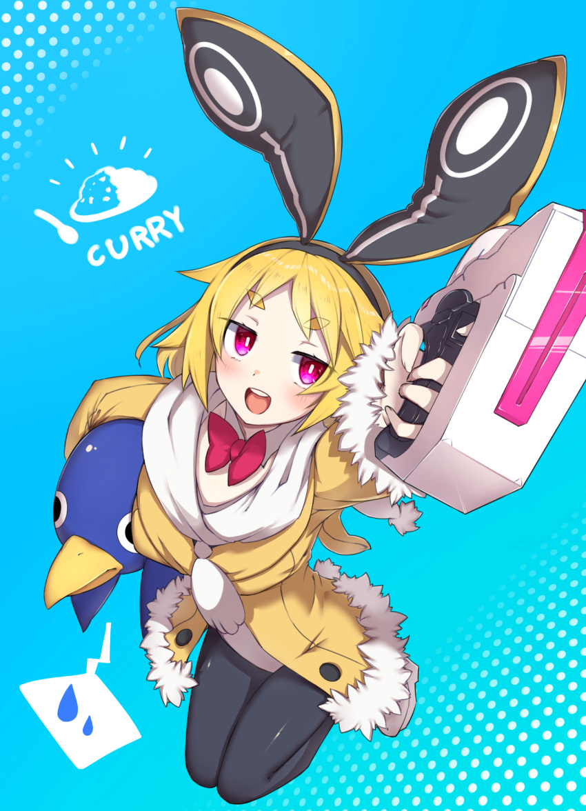 1girl, aged_up, animal_ears, blonde_hair, bow, breasts, coat, demon_girl, disgaea, disgaea_rpg, fur-trimmed_jacket, fur-trimmed_sleeves, fur_trim, gun, highres, holding, holding_gun, holding_weapon, jacket, makai_senki_disgaea, makai_senki_disgaea_5, open_mouth, prinny, rabbit_earmuffs, rabbit_ears, red_eyes, short_hair, sphere_stone, thick_eyebrows, usalia_(disgaea), weapon, yellow_coat, yellow_jacket