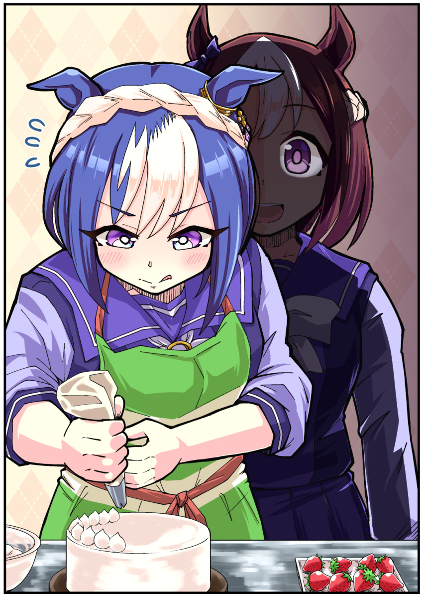2girls, :d, animal_ears, apron, blue_hair, blush, bow, bowtie