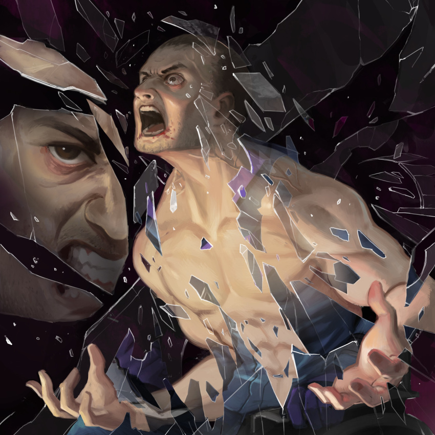 angry, blood, blood_from_mouth, blood_on_face, breaking, commentary, english_commentary, furious, glass, glasses, highres, leaning_forward, nikusenpai, reflection, roaring, screaming, shouting, split_(movie), the_beast_(split), the_eastrail_177_trilogy, topless, topless_male, wide-eyed