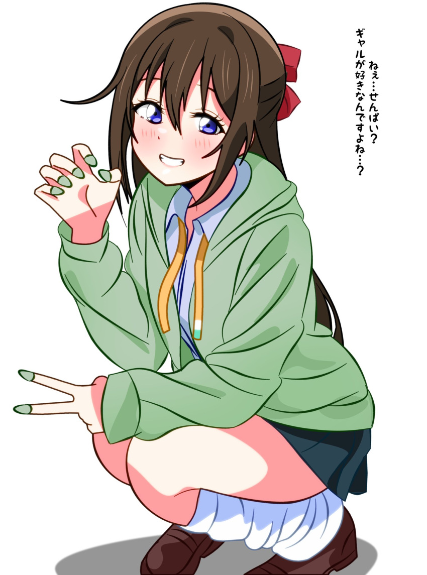 1girl, blue_eyes, blue_shirt, bow, brown_footwear, brown_hair, claw_pose, collared_shirt
