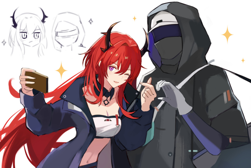 1girl, 1other, ambiguous_gender, arknights, black_coat, black_jacket, coat, demon_girl