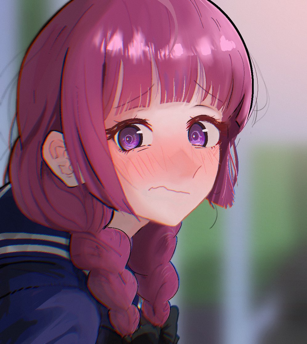 1girl, black_bow, blue_sailor_collar, blue_shirt, blunt_bangs, blurry, blurry_background, blush