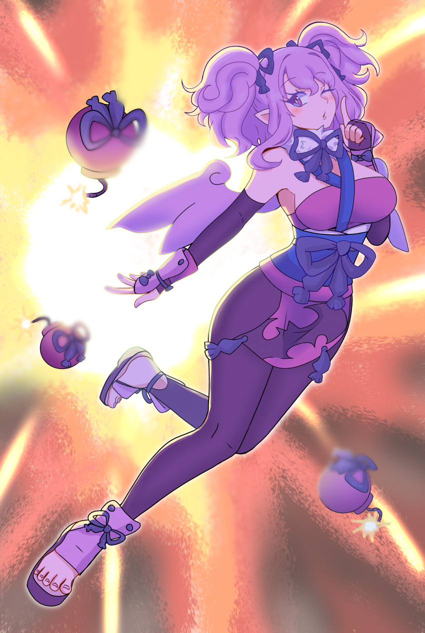 1girl, absurdres, arm_guards, bomb, bow, breasts, ceefore_(disgaea), disgaea, elbow_gloves, explosive, fallen_angel, fingerless_gloves, gloves, hair_bow, highres, japanese_clothes, makai_senki_disgaea_7, ninja, obi, one_eye_closed, pointy_ears, purple_hair, purple_wings, red_seiryu, sash, solo, twintails, violet_eyes, wings