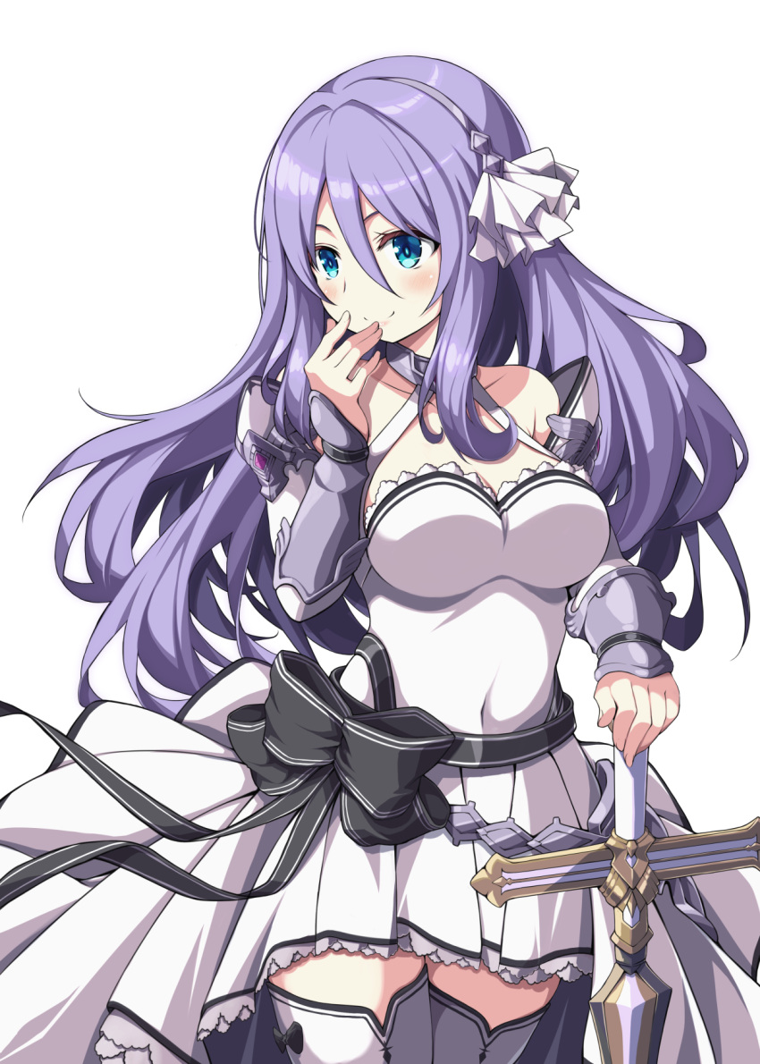 1girl, black_ribbon, blue_eyes, breasts, closed_mouth, commentary_request, dress, headband