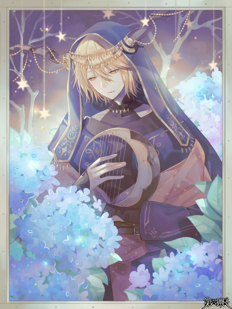 1boy, bare_tree, belt, belt_buckle, black_belt, black_horns, black_shirt, blonde_hair