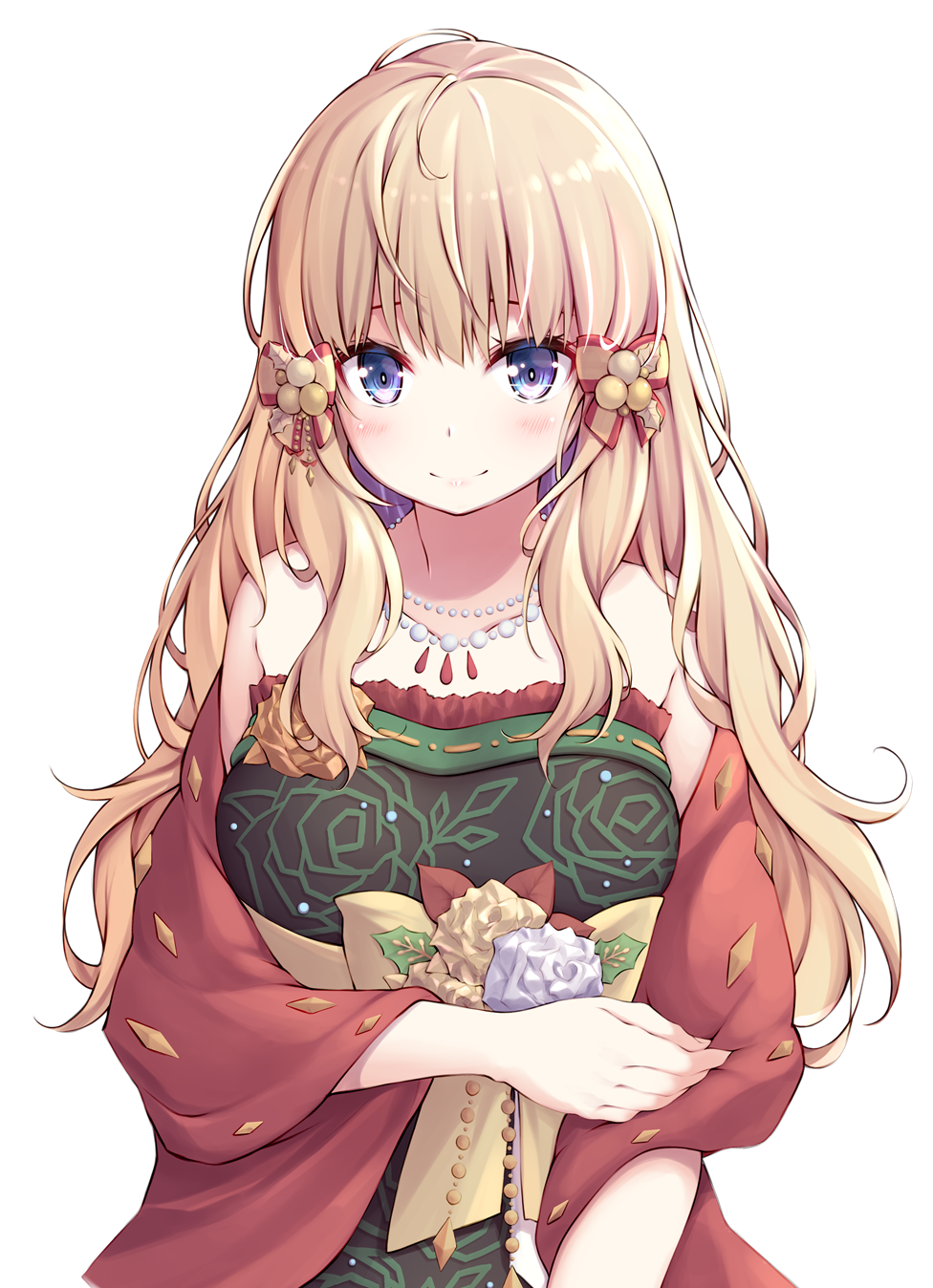 1girl, bead_necklace, beads, blonde_hair, bow, breasts, closed_mouth, commentary_request