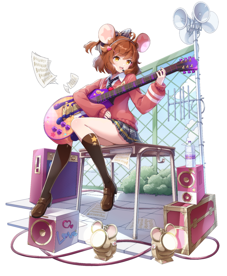 1girl, :d, animal_ears, black_socks, blue_necktie, blue_skirt, bottle, brown_footwear