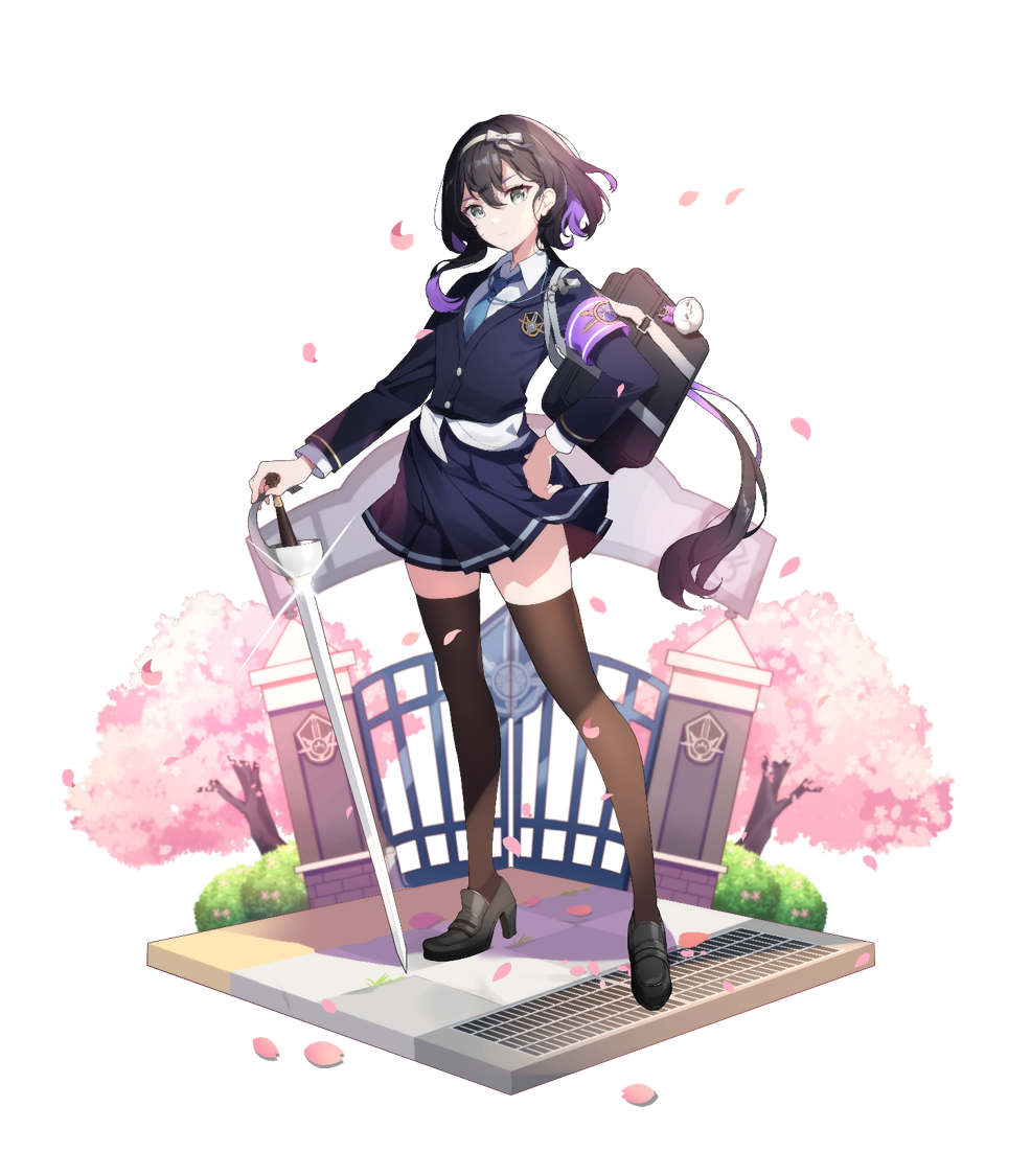 1girl, bag, black_footwear, black_hair, black_thighhighs, blue_jacket, blue_necktie, blue_skirt, cherry_blossoms, eversoul, falling_petals, full_body, game_cg, gate, grey_eyes, hair_between_eyes, hair_ribbon, hairband, hand_on_own_hip, high_heels, holding, holding_sword, holding_weapon, jacket, linzy_(eversoul), looking_at_viewer, multicolored_hair, necktie, official_alternate_costume, official_alternate_hairstyle, official_art, outdoors, petals, pink_petals, ponytail, purple_armband, purple_hair, ribbon, school_uniform, shirt, short_hair, shoulder_bag, skirt, solo, standing, sword, tachi-e, thigh-highs, transparent_background, two-tone_hair, weapon, whistle, whistle_around_neck, white_shirt, wing_collar, zettai_ryouiki