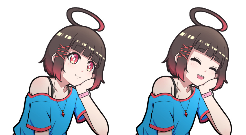 1girl, ahoge, azure_blue_t-shirt, blue_shirt, blue_t-shirt, bob_cut, bra_strap, brown_hair, commentary, crystal, english_commentary, gradient_hair, hair_ornament, hairpin, head_rest, jewelry, multicolored_hair, nanotouko, necklace, off-shoulder_shirt, off_shoulder, open_mouth, original, pendant, redhead, shirt, smile, t-shirt, underwear, watch, x_hair_ornament