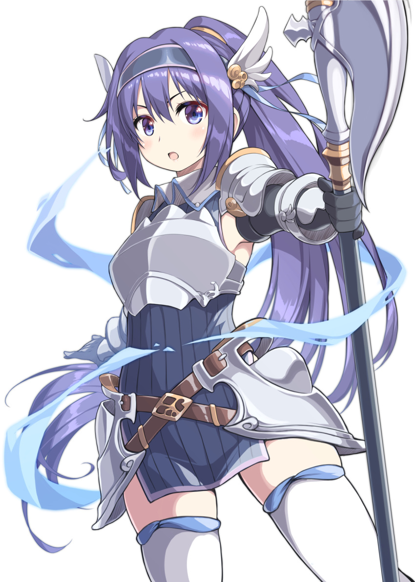 1girl, armor, belt, breastplate, hairband, halberd, highres, holding
