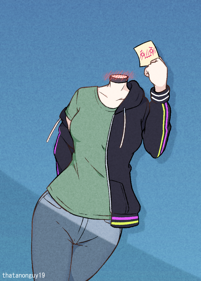 black_choker, black_jacket, blue_background, blush, breasts, choker, crossed_legs, denim, expressive_object, film_grain, green_shirt, headless, holding, holding_paper, hood, hoodie, jacket, jeans, kaomoji, nanotouko, neck_blush, off_shoulder, open_clothes, open_jacket, original, pants, paper, shirt, small_breasts, striped_clothes, striped_hoodie, uehara_jackie