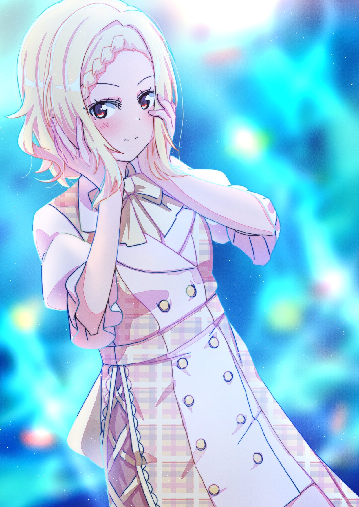 1girl, ajapar, blonde_hair, blurry, blurry_background, blush, bow, bowtie