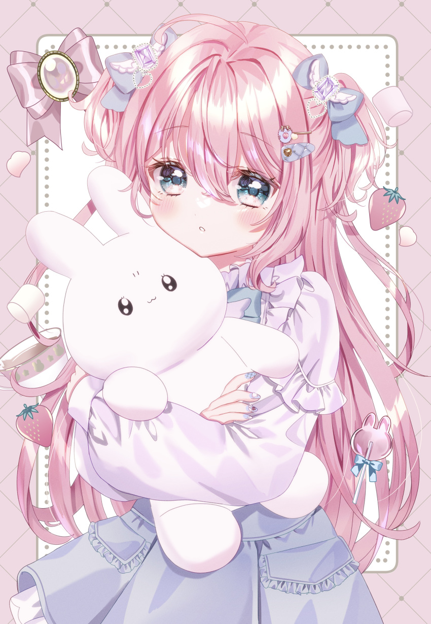 1girl, :3, :o, absurdres, azarashi6, blue_bow, blue_eyes, blue_nails, blue_skirt, blush, bow, candy, cowboy_shot, e_up, food, fruit, hair_bow, hair_ornament, heart, highres, holding, holding_stuffed_toy, hugging_object, lollipop, long_hair, long_sleeves, looking_at_viewer, marshmallow, original, pink_background, pink_bow, pink_hair, pink_petals, pink_shirt, pocket, rabbit, shirt, skirt, solo, strawberry, stuffed_animal, stuffed_rabbit, stuffed_toy, white_background, wide_sleeves