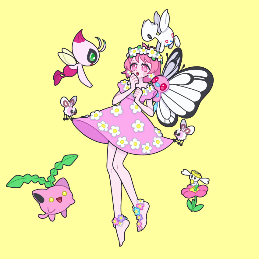 1boy, :d, :o, barefoot, blue_flower, butterfree, celebi, crossdressing