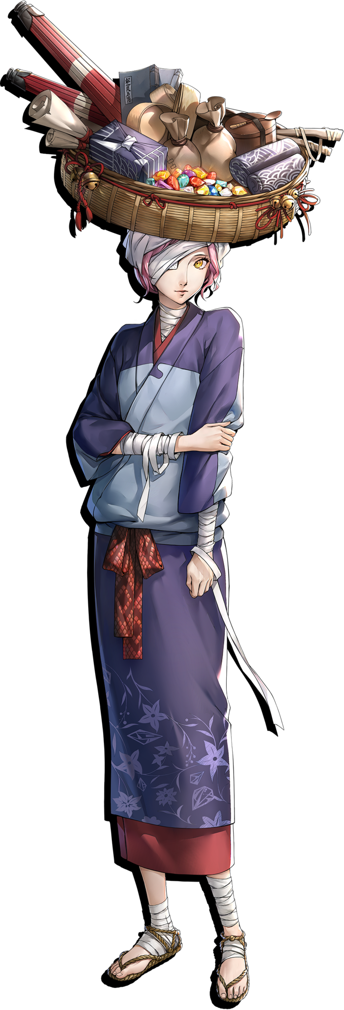 1girl, bandage_over_one_eye, bandaged_foot, bandaged_hand, bandaged_leg, bandaged_neck, bandaged_wrist, bandages, basket_on_head, blue_kimono, box, full_body, gem, gift, gift_box, hand_on_own_elbow, highres, japanese_clothes, kimono, looking_at_viewer, marthym_(persona_5), official_art, oil-paper_umbrella, persona, persona_5, persona_5:_the_phantom_x, pink_hair, pouch, purple_kimono, ringed_eyes, sandals, scroll, short_hair, simple_background, solo, standing, transparent_background, two-tone_kimono, umbrella, yellow_eyes