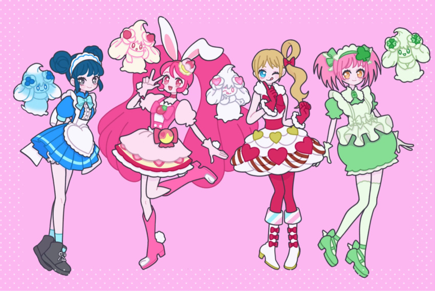 4girls, :d, aizawa_mint, alcremie, alcremie_(berry_sweet), alcremie_(matcha_cream), alcremie_(strawberry_sweet), alcremie_(vanilla_cream)