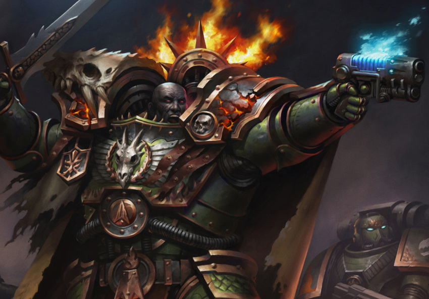 2boys, adeptus_astartes, armor, bald, breastplate, buckle, colored_sclera, commentary