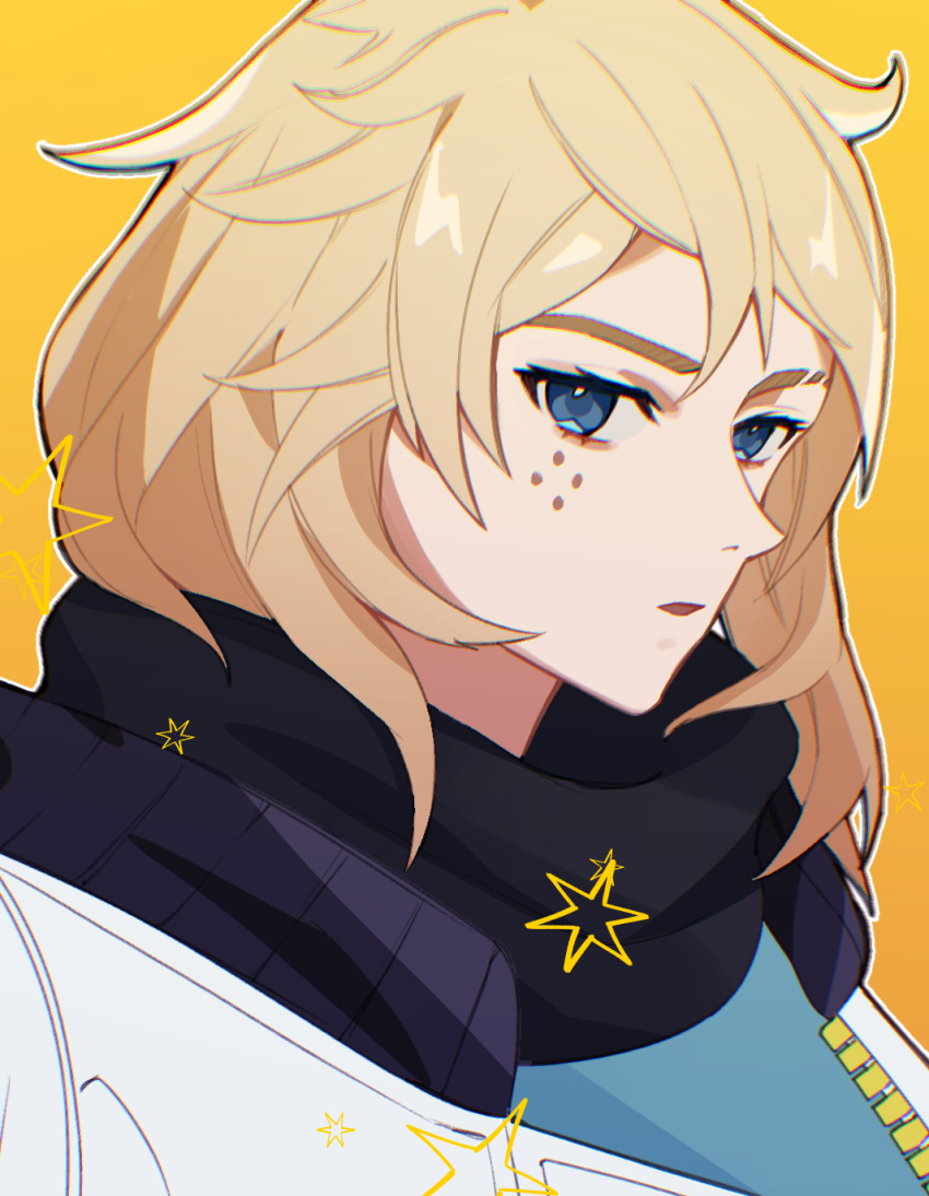 1girl, animification, black_scarf, blonde_hair, blue_eyes, blue_shirt, deadlock_(valorant), eyebrow_cut, highres, jacket, looking_at_viewer, medium_hair, nanana_(syoki0916), portrait, scarf, shirt, solo, star_(symbol), valorant, white_jacket, yellow_background