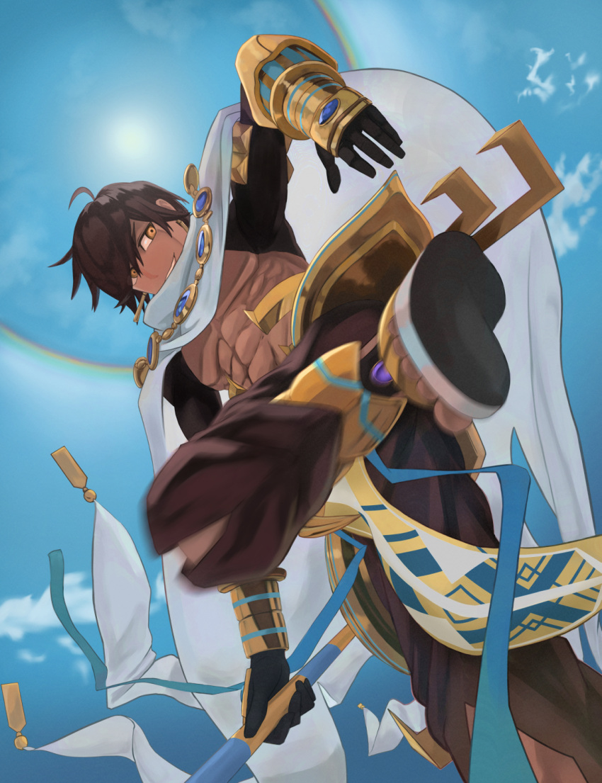 1boy, ahoge, bare_pectorals, brown_hair, cape, dark-skinned_male, dark_skin, earrings