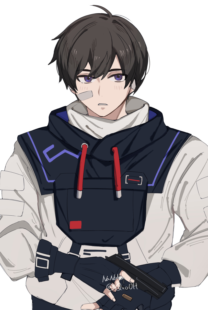 1boy, animification, black_hair, blue_gloves, fingerless_gloves, gloves, gun, highres