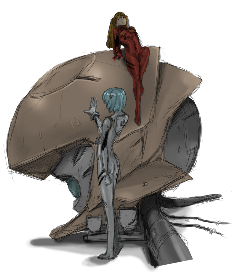 ayanami_rei, blue_hair, bodysuit, brown_hair, cable, eva_00, head, ki_(iverson), long_hair, mecha, multiple_girls, neon_genesis_evangelion, plugsuit, shikinami_asuka_langley, short_hair, sitting, souryuu_asuka_langley, standing