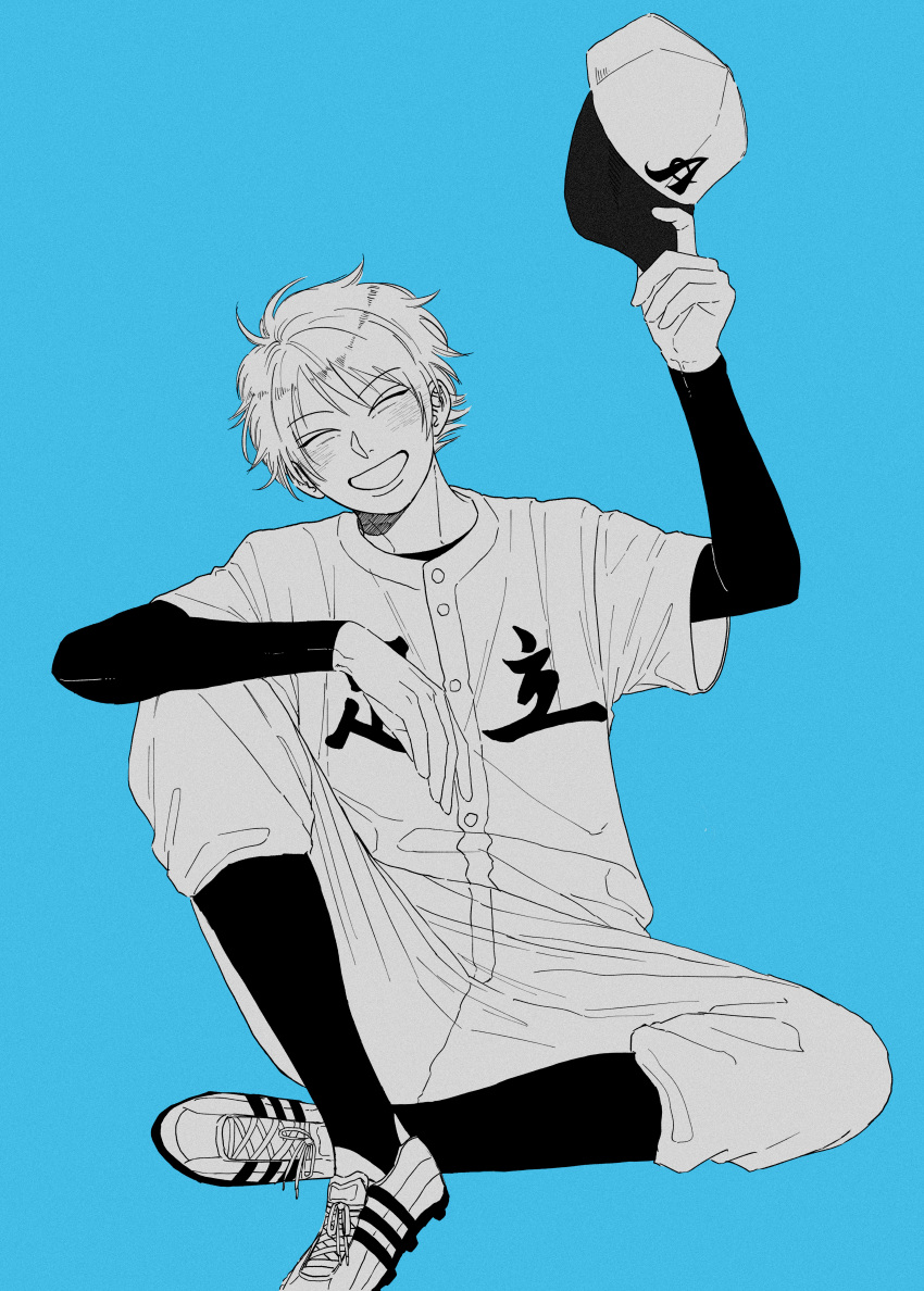 1boy, absurdres, ayasegawa_jirou, baseball_uniform, blue_background, cleats, closed_eyes, diamond_no_kouzai