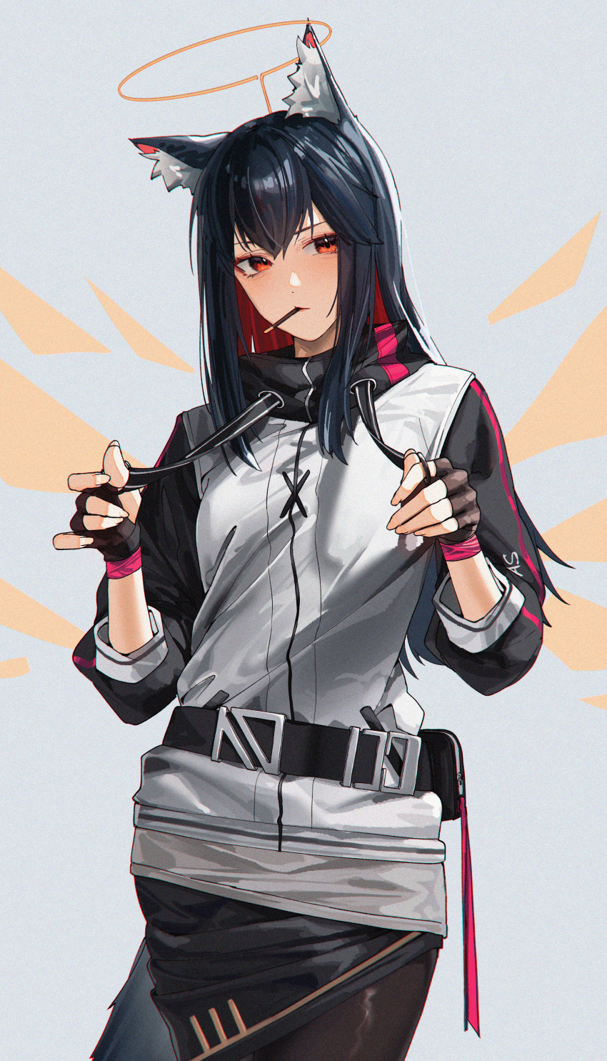 1girl, absurdres, animal_ear_fluff, animal_ears, arknights, black_gloves, black_hair, commentary