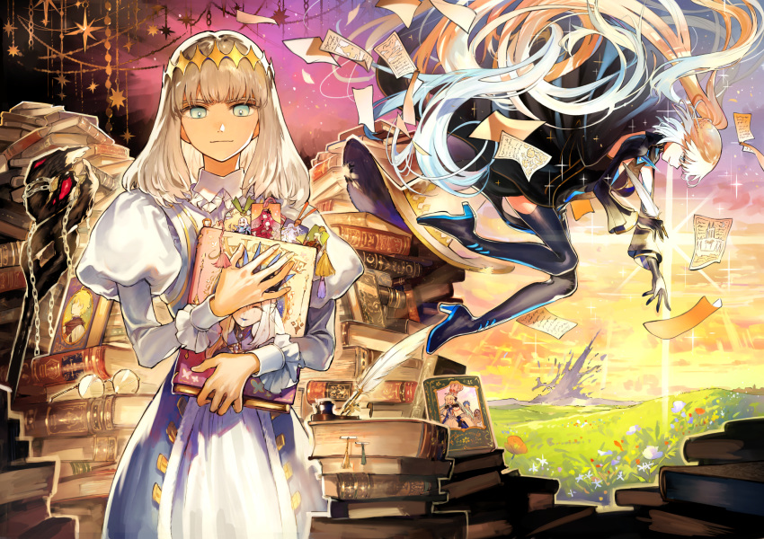 1boy, 1girl, black_dress, blue_eyes, book, braid, breasts, collared_shirt