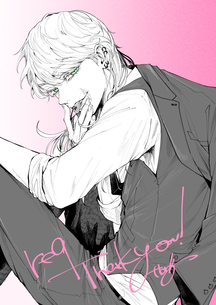 1boy, ear_piercing, english_text, eyelashes, from_side, green_eyes, greyscale, hand_on_own_knee