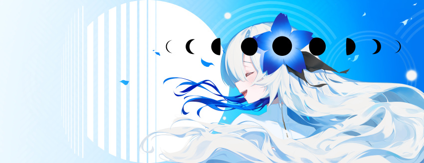 1girl, :d, absurdres, closed_eyes, eriri2000420, floating_hair, flower, hair_flower