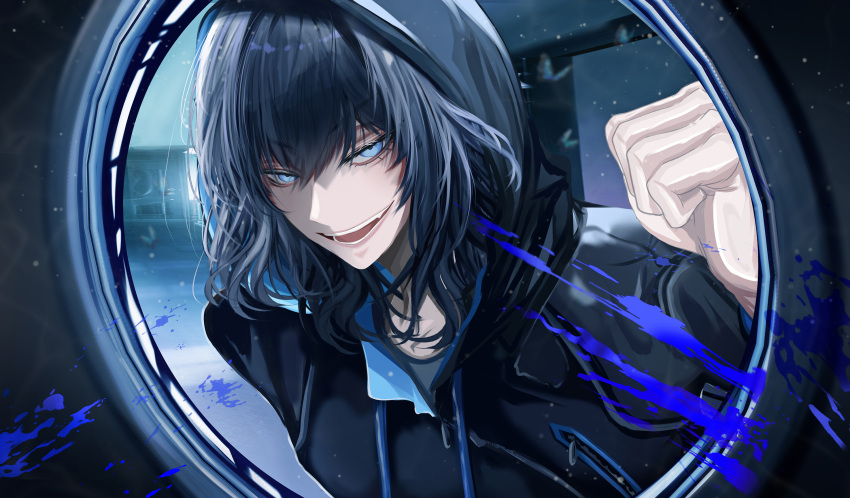 1boy, antinese, black_hair, black_jacket, blue_eyes, blue_shirt, drawstring, fate/grand_order