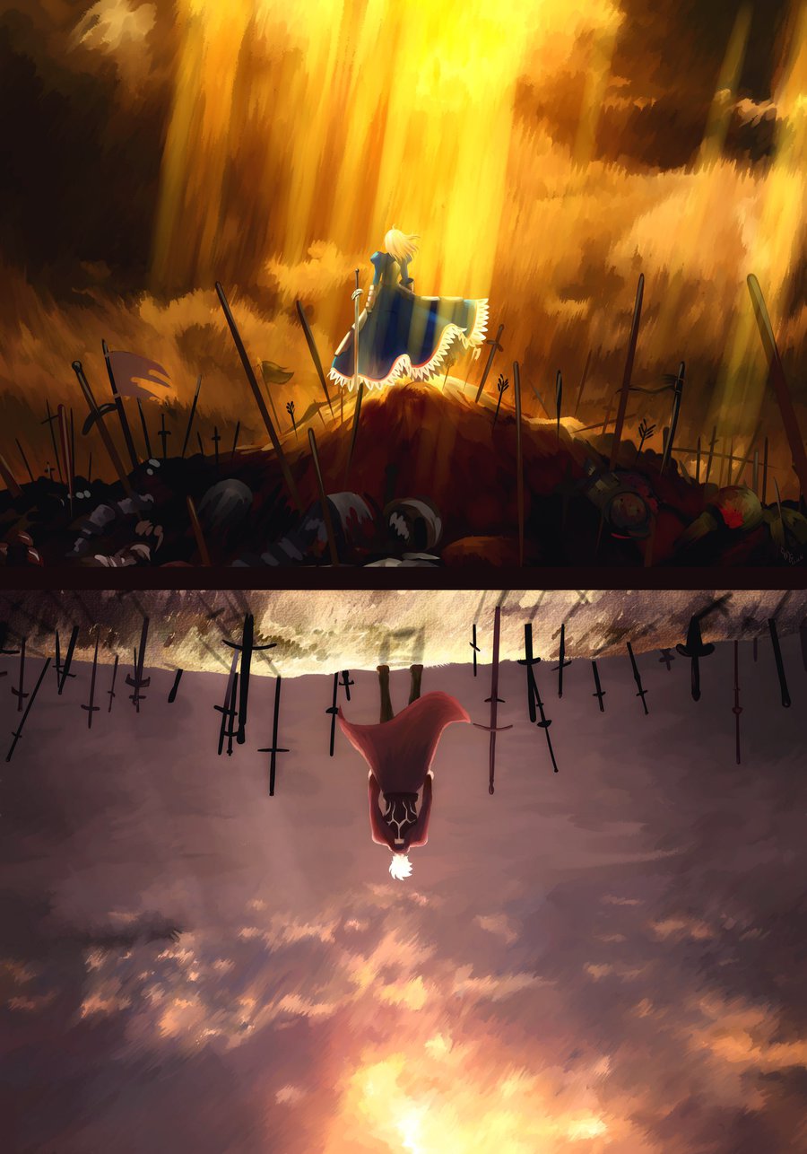 1boy, 1girl, archer_(fate), artoria_pendragon_(fate), black_footwear, blue_dress, cape, clouds