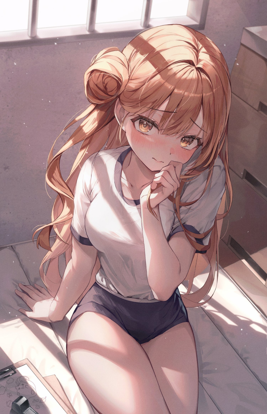 1girl, arm_support, black_survival, blush, breasts, brown_eyes, brown_hair, buruma
