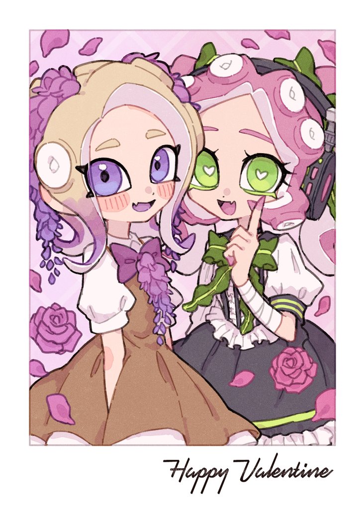 2girls, :d, arms_at_sides, bandaged_arm, bandages, blonde_hair, bluerosamarinus, blush_stickers, border, bow, bowtie, bright_pupils, brown_dress, collared_shirt, colored_eyelashes, colored_tongue, commentary_request, dress, falling_petals, fang, film_grain, flower, frilled_shirt, frilled_skirt, frills, green_bow, green_bowtie, green_eyes, grey_skirt, hair_bow, hair_flower, hair_ornament, hand_up, happy_valentine, headphones, heart, heart-shaped_pupils, long_hair, looking_at_viewer, multicolored_hair, multiple_girls, octoling, octoling_girl, octoling_player_character, open_mouth, parted_bangs, petals, pinafore_dress, pink_background, pink_flower, pink_hair, pointing, pointing_up, puffy_short_sleeves, puffy_sleeves, purple_bow, purple_bowtie, purple_flower, purple_hair, purple_tongue, shirt, short_sleeves, skin_fang, skirt, skirt_set, sleeveless, sleeveless_dress, smile, splatoon_(series), suction_cups, symbol-shaped_pupils, tentacle_hair, twintails, two-tone_hair, violet_eyes, white_border, white_pupils, white_shirt