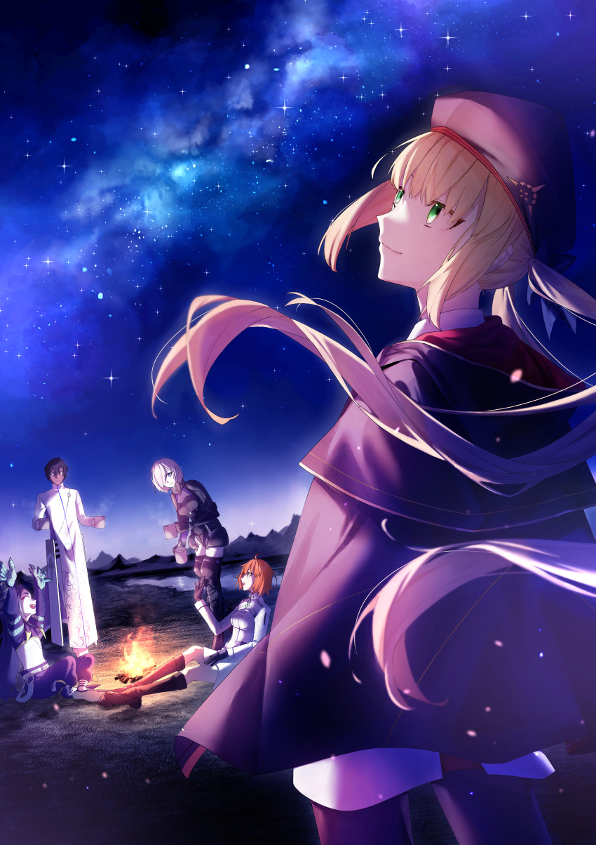 2boys, 3girls, absurdres, ahoge, arjuna_(fate), armor, armored_leotard, artoria_caster_(fate), artoria_caster_(second_ascension)_(fate), artoria_pendragon_(fate), beret, black_armor, black_eyes, black_gloves, black_hair, black_leotard, black_pants, blonde_hair, blue_cape, blue_capelet, blue_cloak, bow, breasts, cape, capelet, chaldea_logo, chaldea_uniform, chinese_clothes, cloak, dark-skinned_male, dark_skin, dress, eyeshadow, fate/grand_order, fate_(series), fujimaru_ritsuka_(female), fujimaru_ritsuka_(female)_(decisive_battle_chaldea_uniform), gloves, green_eyes, hair_between_eyes, hair_over_one_eye, hat, highres, holding, hood, hooded_cape, indian_clothes, jacket, leotard, long_hair, long_sleeves, makeup, mash_kyrielight, mash_kyrielight_(ortenaus), multicolored_capelet, multicolored_leotard, multiple_boys, multiple_girls, official_alternate_costume, omame_korokor, orange_eyes, orange_hair, pale_skin, pants, pantyhose, purple_hair, red_eyeshadow, short_hair, smile, solo_focus, taisui_xingjun_(fate), thigh-highs, twintails, violet_eyes, white_dress, white_gloves, white_jacket