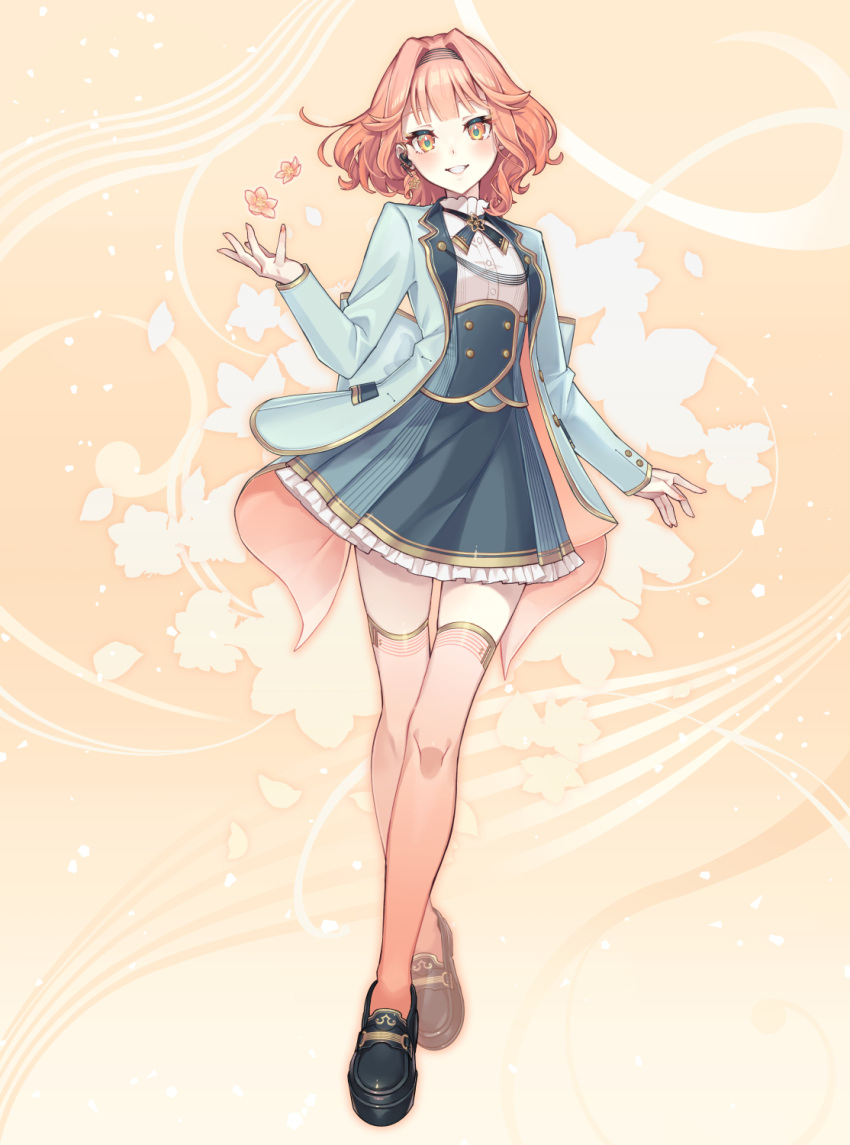 1girl, black_footwear, blue_jacket, blue_skirt, brown_background, brown_eyes, brown_flower, brown_hair