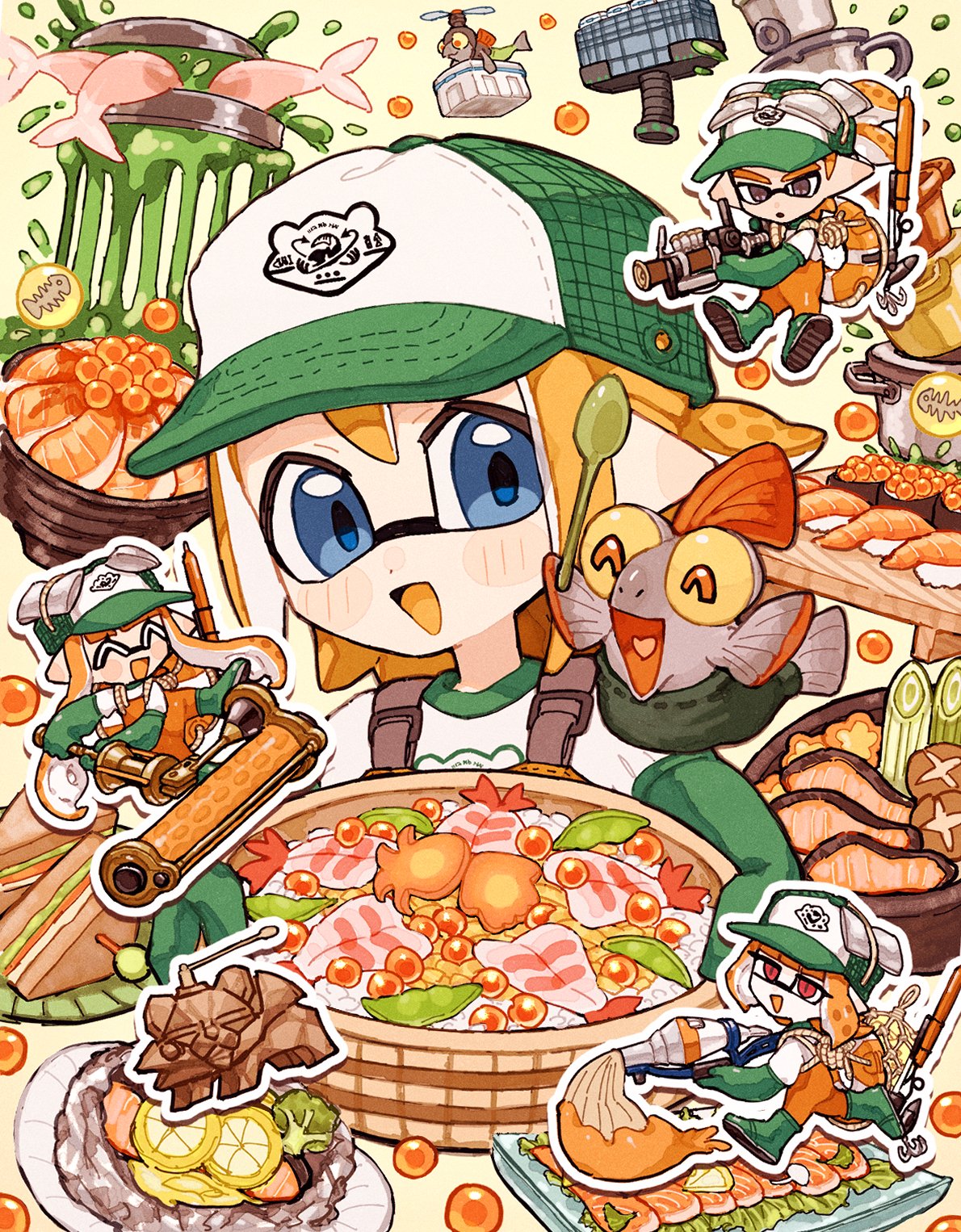 1boy, 3girls, :d, ^_^, animal, baseball_cap, blue_eyes, bluerosamarinus, blush_stickers, boots, brown_eyes, chibi, chinook_(splatoon), closed_eyes, colored_tongue, commentary_request, drop_shadow, dynamo_roller_(splatoon), edamame, fish_(food), food, gloves, golden_egg, green_footwear, green_gloves, griller_(splatoon), grizzco_charger_(splatoon), gunkanmaki, hat, highres, holding, holding_food, holding_spoon, holding_weapon, hotpot, ikura_(food), inkbrush_(splatoon), inkling_boy, inkling_girl, inkling_player_character, lifebuoy, long_hair, medium_hair, mothership_(splatoon), mr._grizz_(splatoon), multiple_girls, mushroom, nigirizushi, open_mouth, orange_hair, orange_overalls, orange_tongue, outline, overalls, oyster, pointy_ears, ponytail, print_shirt, red_eyes, rice, rubber_boots, rubber_gloves, salmon, salmon_run_(splatoon), sandwich, sashimi, shiitake, shirt, shrimp, smallfry_(splatoon), smile, splatoon_(series), spoon, stinger_(splatoon), sushi, swim_ring, tentacle_hair, too_much_food, weapon, white_outline, white_shirt, yellow_background